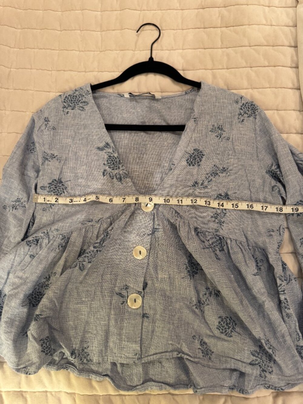 Zara Blue Floral Print Peplum Top Bell Sleeve Sz L - Picture 5 of 10